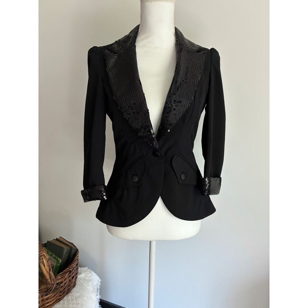 Black Sequin Blazer Women Size Small Stretch Tuxedo Jacket - Picture 4 of 10